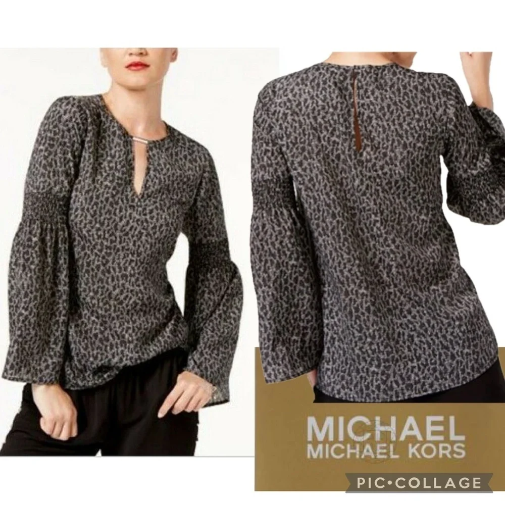 Michael‎ Kors Bell Sleeve Keyhole Neck Cut Out Black Blouse Size S